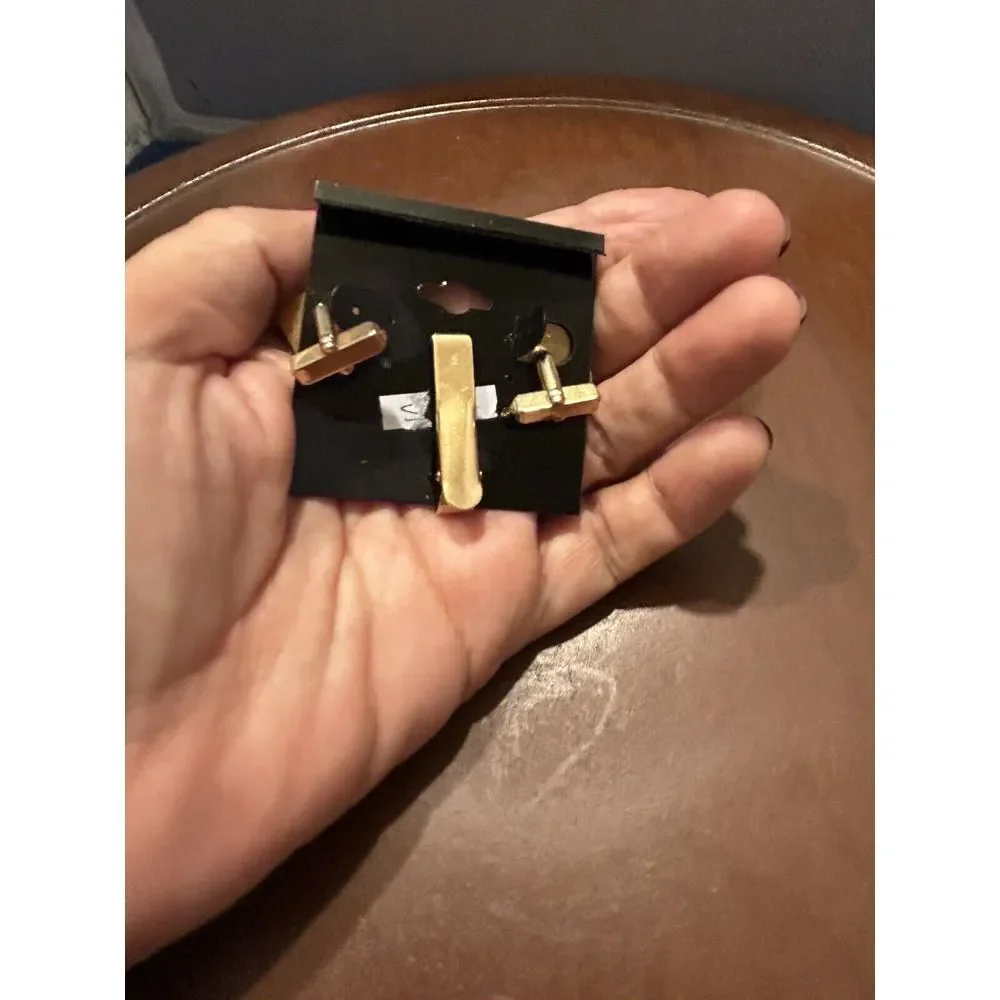 Vintage MCM‎ Goldtone Square Cufflinks & Tie Clip Mid Century Modern Mens